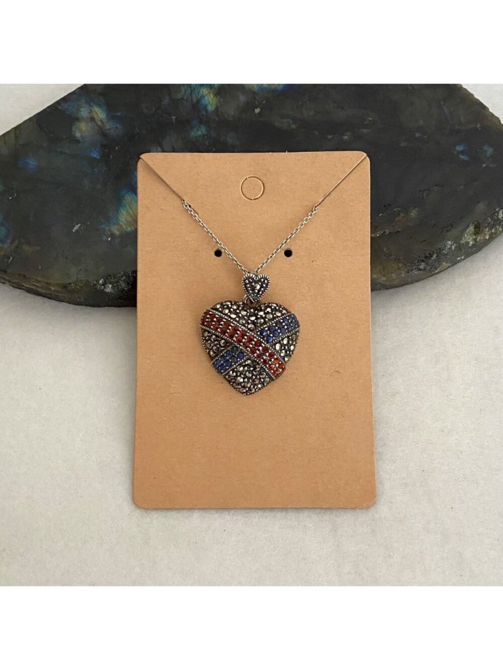 VTG Sterling Silver 925 HAN Red Blue Lapis Marcasite Heart Pendant Necklace 18"